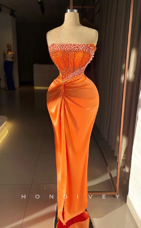 Evening dress with open back -L2333 - Sexy Satin Fitted Square Strapless Empire Beaded Sequined Ruched With Side Slit Party Prom Evening Dress