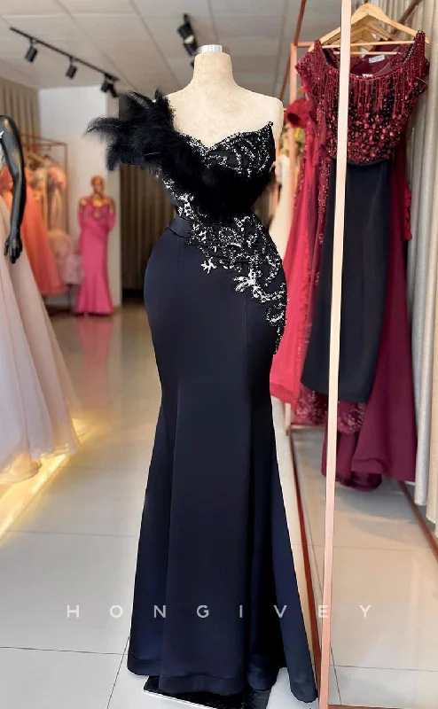 Evening dress with sleeves -L2334 - Sexy Satin Trumpet Sweetheart Strapless Empire Beaded Appliques Feathers Party Prom Evening Dress