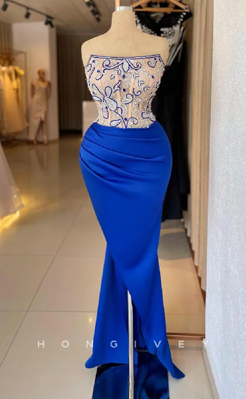 Evening dress with slit -L2335 - Sexy Satin Fitted Square Strapless Empire Beaded Appliques Ruched With Side Slit Party Prom Evening Dress