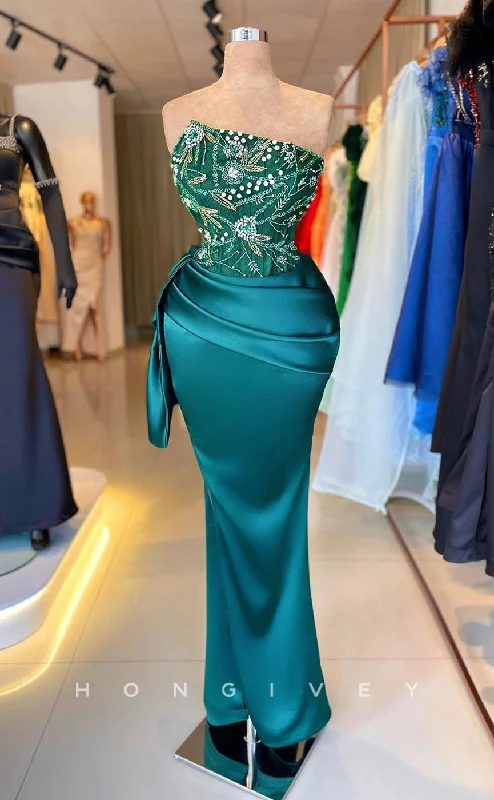 Plus size evening dress -L2337 - Sexy Satin Fitted Asymmetrical Strapless Empire Beaded Appliques Ruched Party Prom Evening Dress