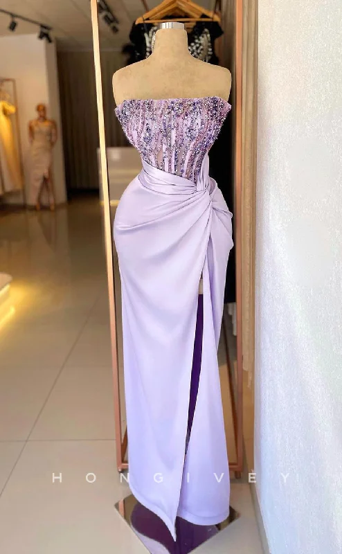 Off-shoulder evening dress -L2338 - Sexy Satin Fitted Strapless Empire Beaded Sequined Ruched With Side Slit Party Prom Evening Dress