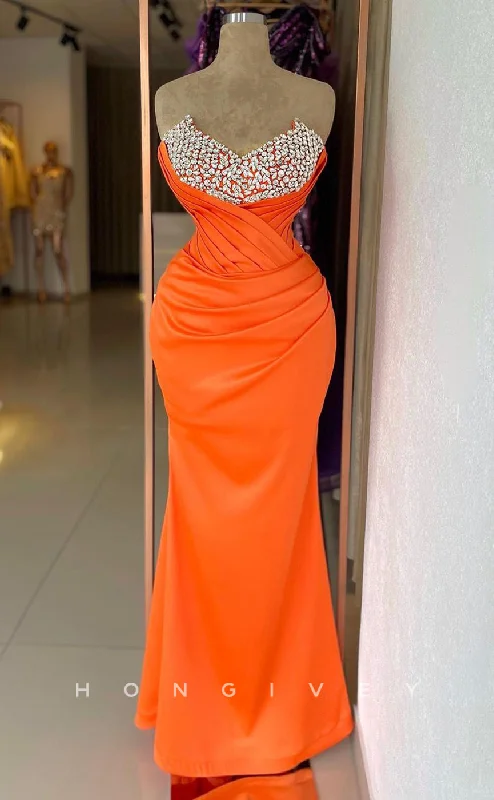 Evening dress for gala -L2339 - Sexy Satin Fitted V-Neck Strapless Empire Beaded Ruched Floor-Length Party Prom Evening Dress