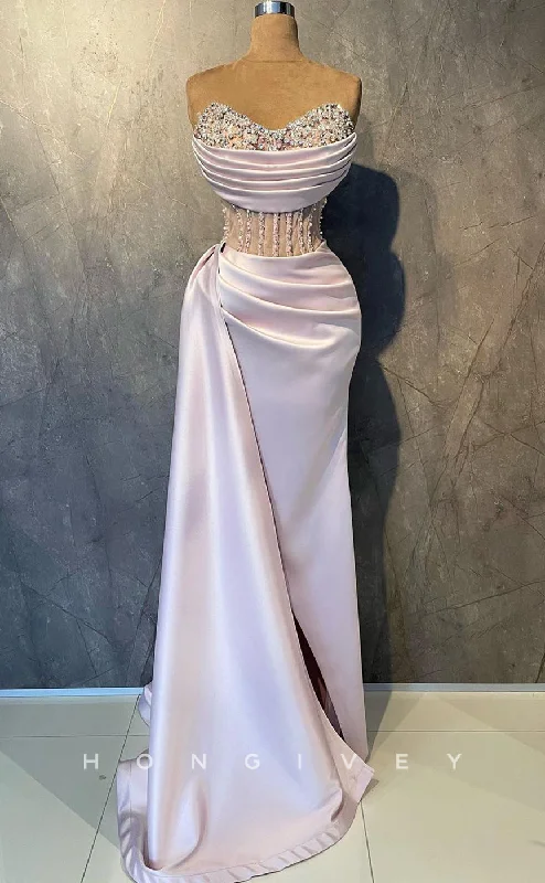 Gold evening dress -L2343 - Sexy Satin Fitted V-Neck Strapless Illusion Empire Beaded Pleats With Side Slit Party Prom Evening Dress