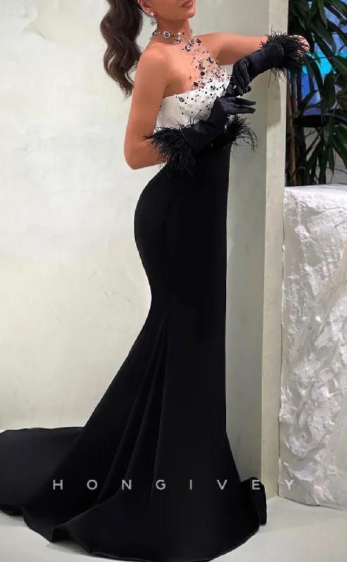 Evening dress for party -L2348 - Sexy Satin Trumpet High Neck Illusion Empire Beaded Feathers With Train Party Prom Evening Dress