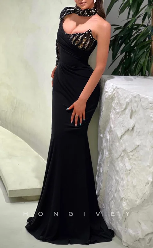 Evening dress for wedding -L2349 - Sexy Satin Trumpet One Shoulder Empire Beaded Ruched With Train Party Prom Evening Dress