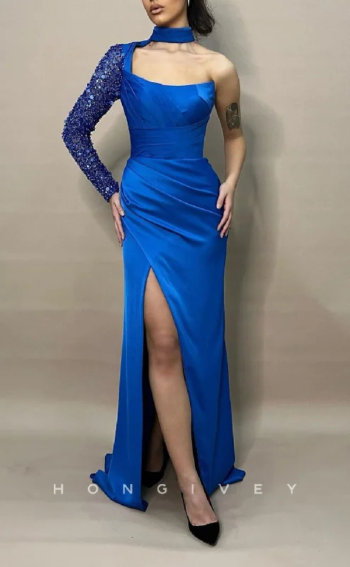 Evening dress with lace -L2350 - Sexy Satin Fitted One Shoulder Long Sleeve Empire Ruched With Side Slit Party Prom Evening Dress