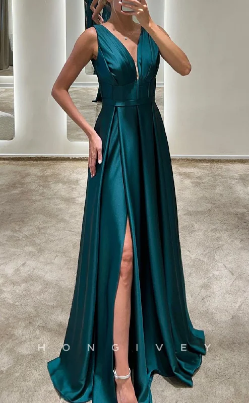 Evening dress with cap sleeves -L2370 - Sexy Satin A-Line V-Neck Straps Empire Ruched With Side Slit Train Party Prom Evening Dress