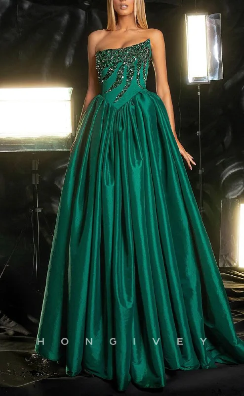 Strapless evening gown -L2375 - Sexy Satin A-Line Asymmetrical Strapless Empire Beaded Floor-Length Party Prom Evening Dress