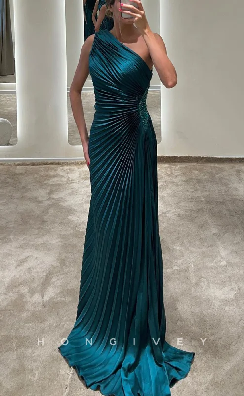 Evening dress with lace-up back -L2378 - Sexy Satin Firred One Shoulder Sleeveless Empire Ruched Beaded Party Prom Evening Dress