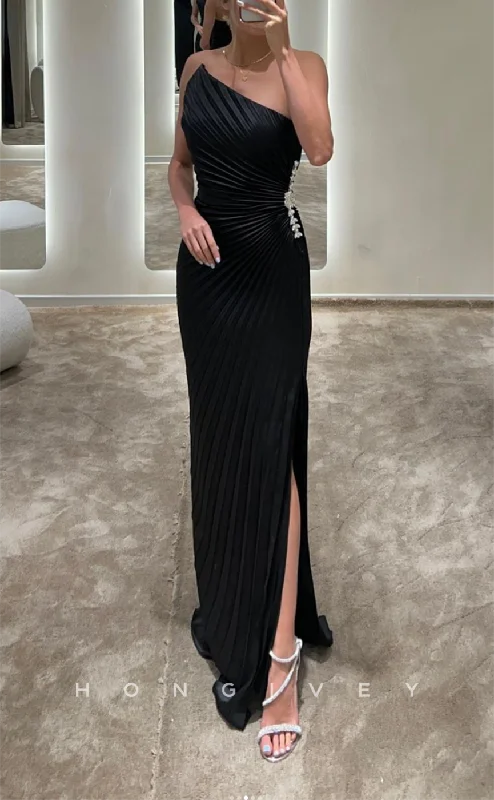 Evening dress with bow tie waist -L2380 - Sexy Satin Fitted Asymmetrical Strapless Sleeveless Empire Beaded Ruched With Side Slit Party Prom Evening Dress