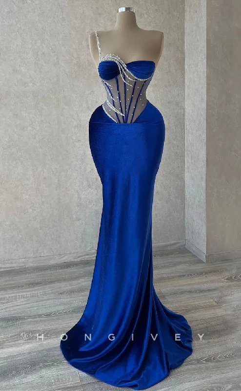 Evening dress with sweetheart neckline -L2392 - Sexy Satin Trumpet Sweetheart One Shoulder Empire Illusion Beaded Party Prom Evening Dress