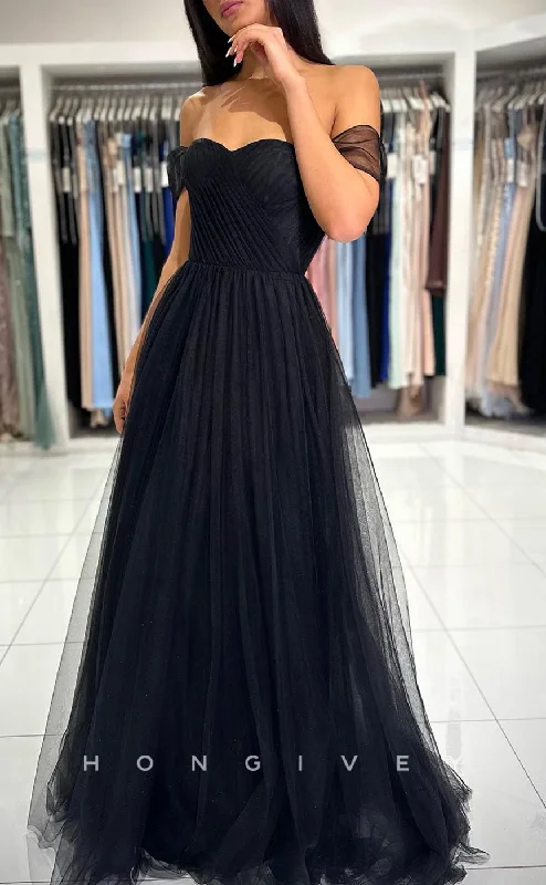 Evening dress with layered details -L2395 - Sexy Satin Tulle A-Line Sweetheart Off-Shoulder Empire Floor-Length Party Prom Evening Dress