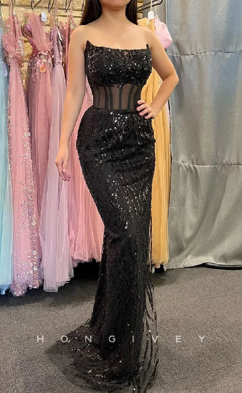 Evening dress with metallic finish -L2397 - Sexy Glitter Trumpet Bateau Strapless Illusion Empire Sequined Appliques Party Prom Evening Dress