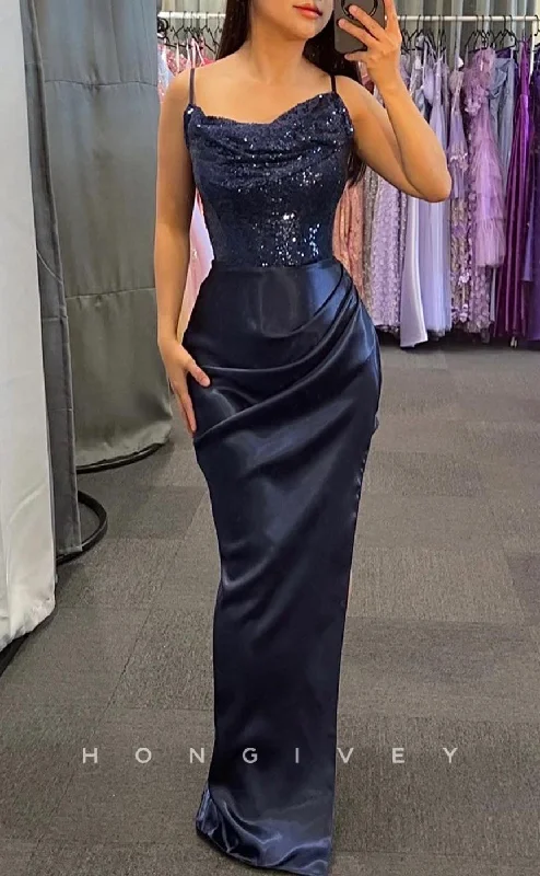 Evening dress for outdoor events -L2398 - Sexy Satin Fitted Bateau Spaghetti Straps Empire Ruched Sequined Party Prom Evening Dress