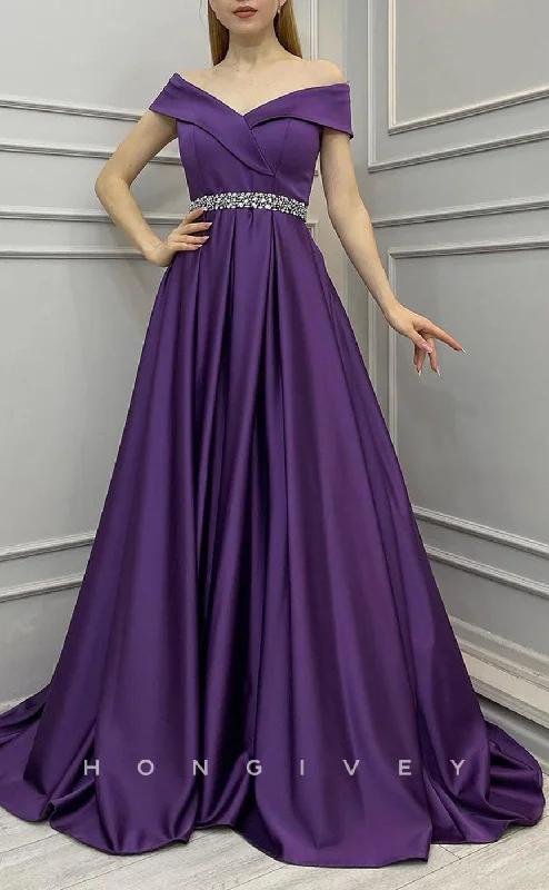 Evening dress for anniversary celebration -L2402 - Sexy Satin A-Line Off-Shoulder Empire Beaded Belt With Train Party Prom Evening Dress