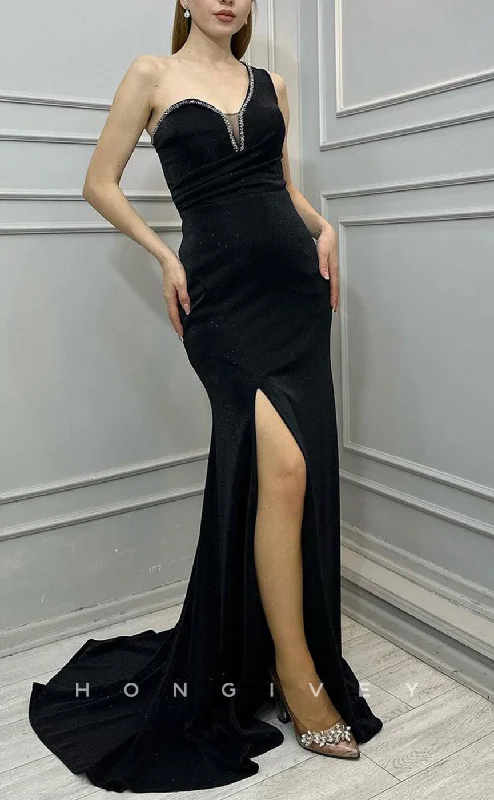 Evening dress for formal events -L2404 - Sexy Satin Fitted One Shoulder Sleeveless Empire Beaded Ruched With Side Slit Party Prom Evening Dress