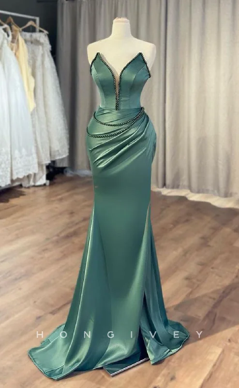 Evening dress with asymmetrical hem -L2409 - Sexy Satin Fitted V-Neck Strapless Empire Beaded Ruched With Train Party Prom Evening Dress