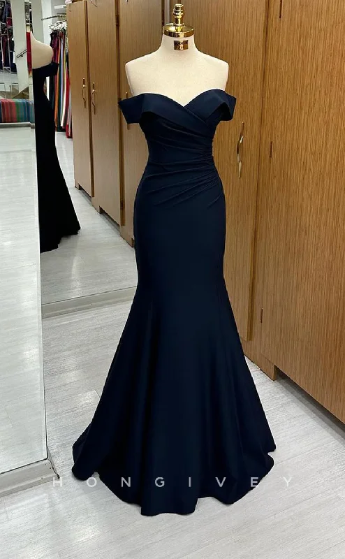 Evening dress with gold accents -L2412 - Sexy Satin Trumpet Off-Shoulder Empire Ruched Floor-Length Party Prom Evening Dress