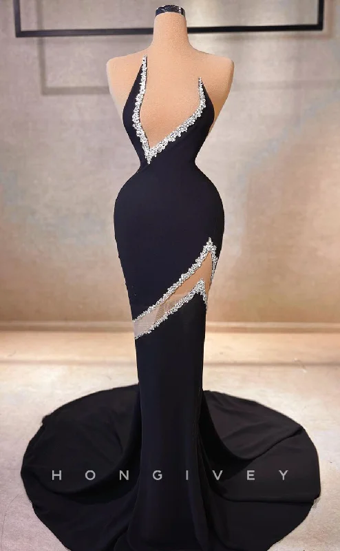 Lace evening dress -L2422 - Sexy Satin Trumpet Asymmetrical Sleeveless Empire Beaded With Train Party Prom Evening Dress