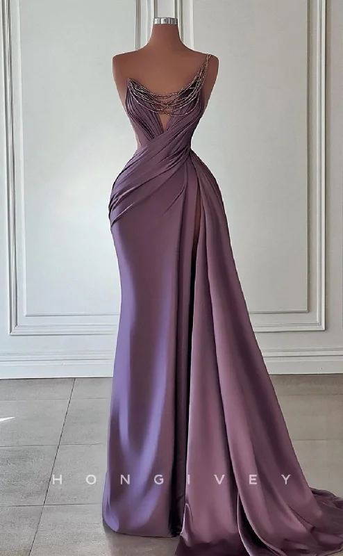 Maxi evening dress -L2424 - Sexy Satin Trumpet One Shoulder Empire Draped Beaded With Train Party Prom Evening Dress