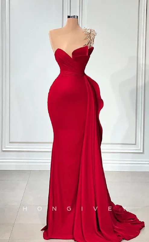 Backless evening dress -L2426  -Sexy Satin Trumpet One Shoulder Empire Beaded Ruched Ruffles With Train Party Prom Evening Dress