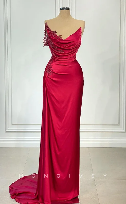 Evening dress with side pockets -L2427 - Sexy Satin Fitted Bateau Sleeveless  Empire Ruched Beaded With Train Party Prom Evening Dress