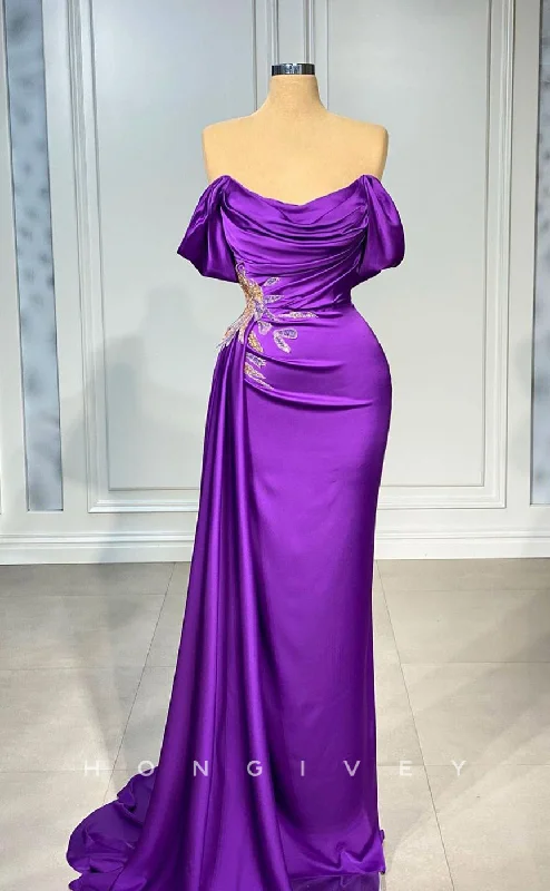 High-low evening dress -L2428 - Sexy Satin Fitted Off-Shoulder Empire Beaded Ruched With Train Party Prom Evening Dress