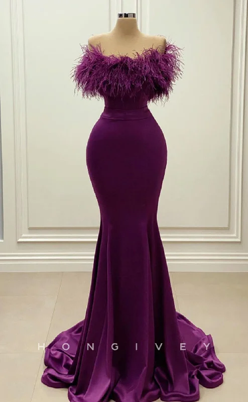 Evening dress for wedding guest -L2429 - Sexy Satin Trumpet Off-Shoulder Empire Feathers With Train Party Prom Evening Dress