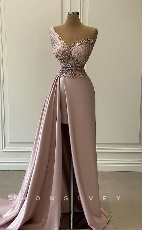 Evening dress with train -L2430 - Sexy Satin A-Line Spaghetti Straps Empire Beaded With Side Slit Train Party Prom Evening Dress