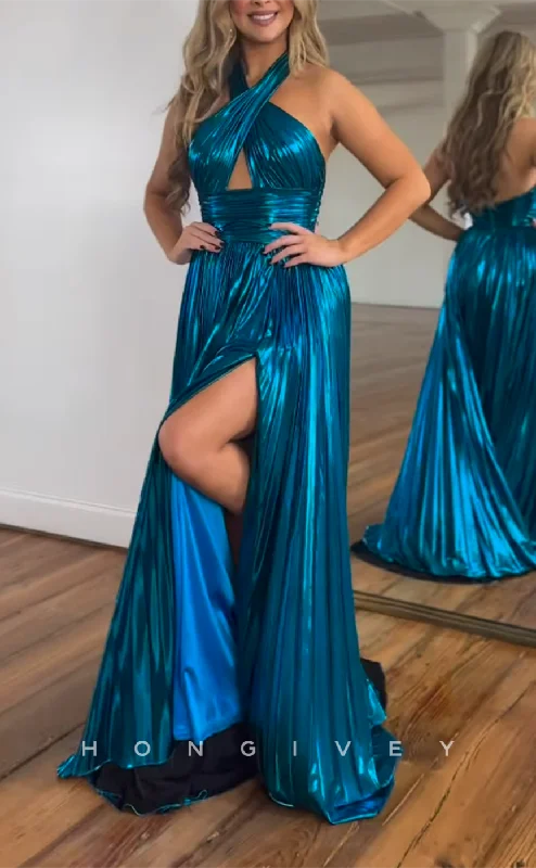 Velvet evening dress -L2437 - Sexy Satin A-Line Halter Sleeveless Empire Illusion With Side Slit Train Party Prom Evening Dress