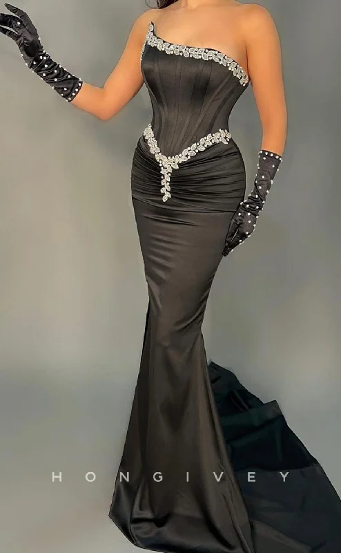 A-line evening dress -L2455 - Sexy Satin Trumpet Asymmetrical Strapless Empire Beaded Ruched With Train Party Prom Evening Dress