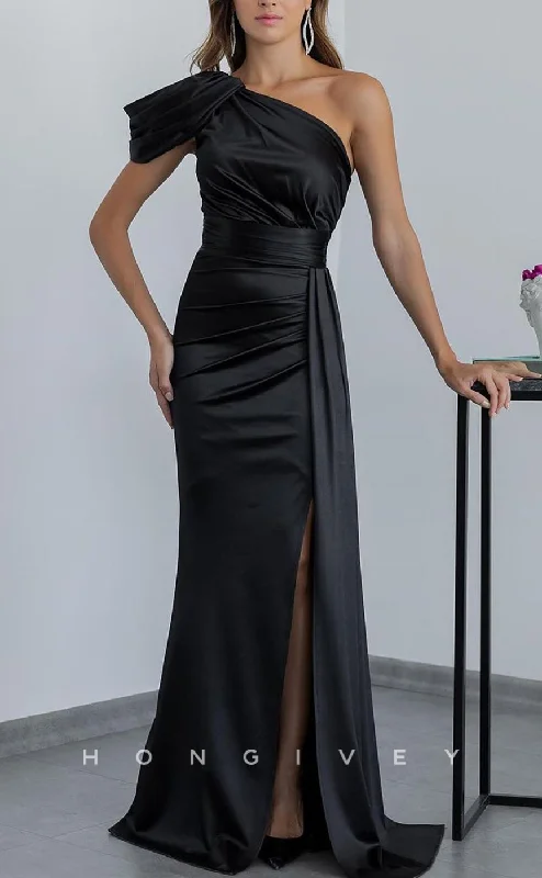 Evening dress for prom -L2456 - Sexy Satin A-Line One Shoulder Empire Ruched With Side Slit Train Party Prom Evening Dress