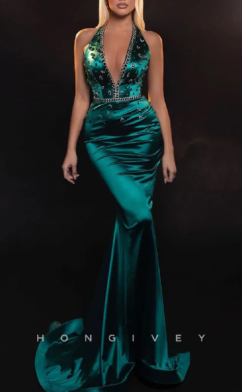 Evening dress with sequins -L2464 - Sexy Satin Trumpet V-Neck Halter Empire Beaded With Train Party Prom Evening Dress