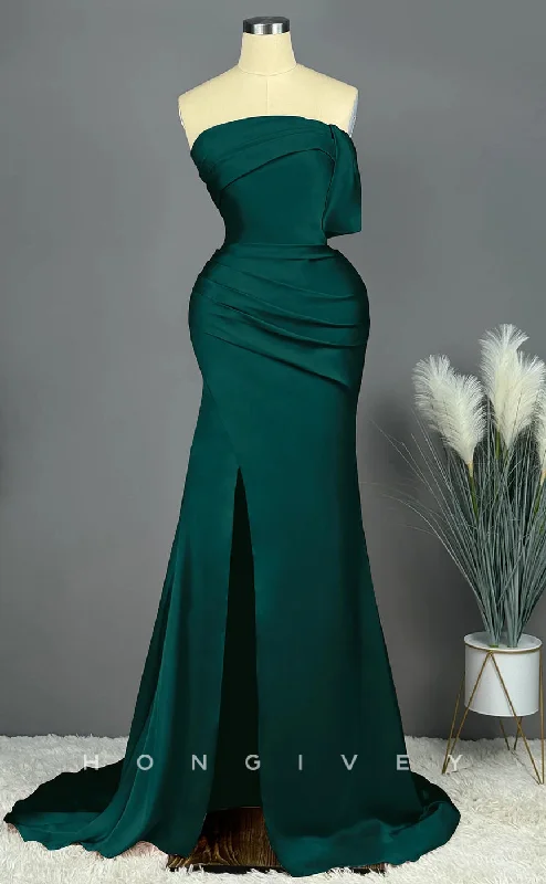 Elegant evening dress -L2475 - Sexy Satin Trumpet One Shoulder Empire Ruched With Side Slit Train Party Prom Evening Dress