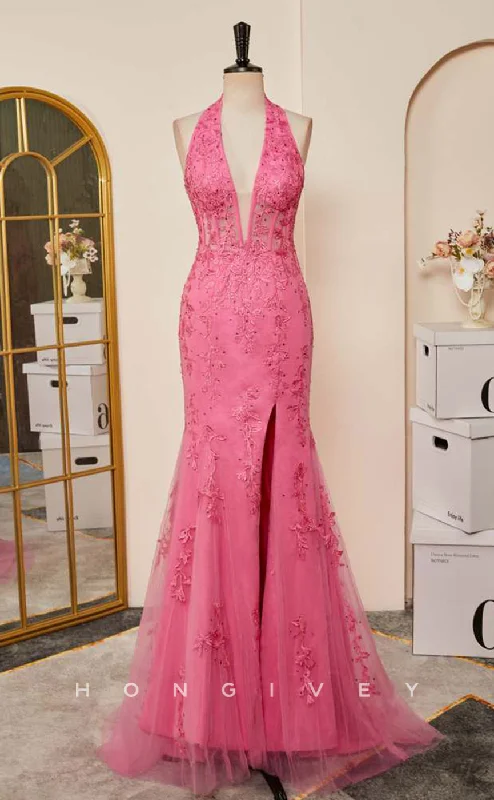 Elegant evening dress for cocktails -L2478 - Sexy Satin Trumpet V-Neck Halter Empire Sleeveless Appliques Beaded Party Prom Evening Dress