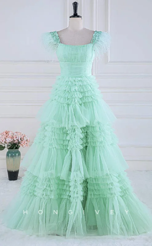 Evening dress with sweetheart neckline -L2486 - Sexy Tulle A-Line Square Straps Appliques Empire Tiered Party Prom Evening Dress