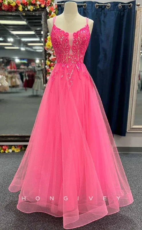 Evening dress for outdoor events -L2492 - Sexy Tulle A-Line Bateau Spaghetti Straps Empire Appliques Beaded Party Prom Evening Dress