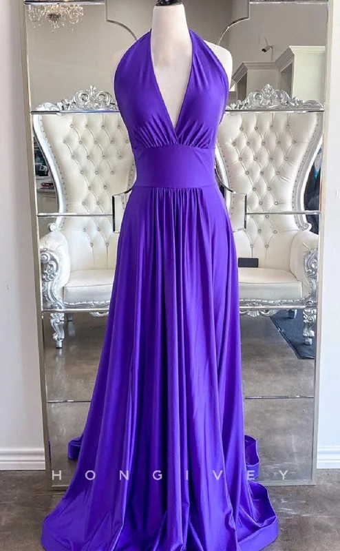 Evening dress with asymmetrical hem -L2500 - Sexy Satin A-Line V-Neck Halter Empire Ruched With Train Party Prom Evening Dress