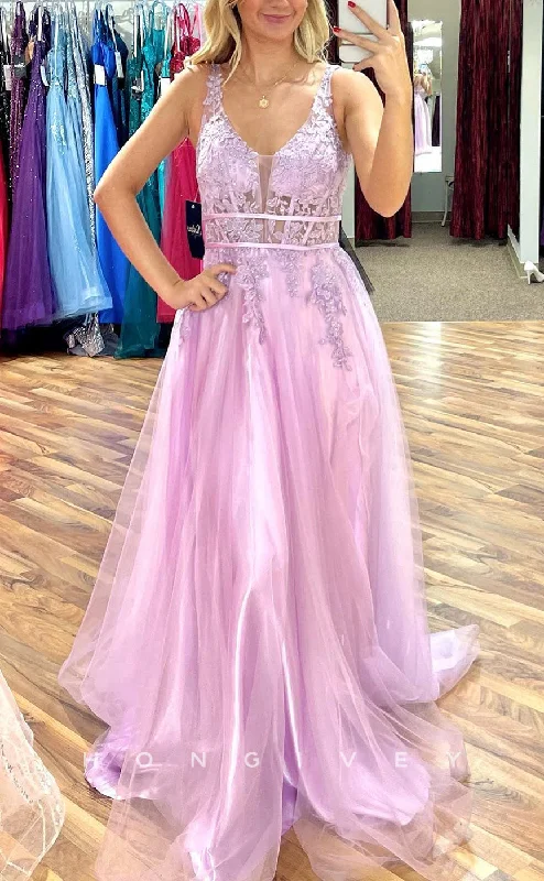 Evening dress with beaded embellishments -L2503 - Sexy Tulle A-Line V-Neck Straps Illusion Empire Appliques With Train Party Prom Evening Dress