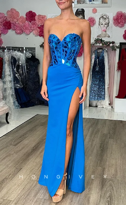 Evening dress with pleats -L2505 - Sexy Satin Fitted Sweetheart Strapless Empire Glitter With Side Slit Party Prom Evening Dress