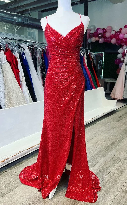 Midi evening dress -L2508 - Sexy Red Fitted V-Neck Spaghetti Straps Empire Draped Fully Sequined With Side Slit Party Prom Evening Dress