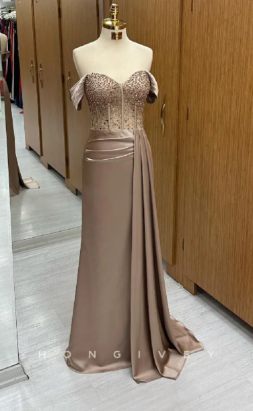 Evening dress for wedding guest -L2514 - Sexy Satin Trumpet Sweetheart Off-Shoulder Empire Beaded Pleats Party Prom Evening Dress