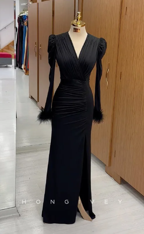 Evening dress for winter -L2516 - Sexy Satin Fitted V-Neck Long Sleeve Empire Ruched Feathers With Side Slit Party Prom Evening Dress