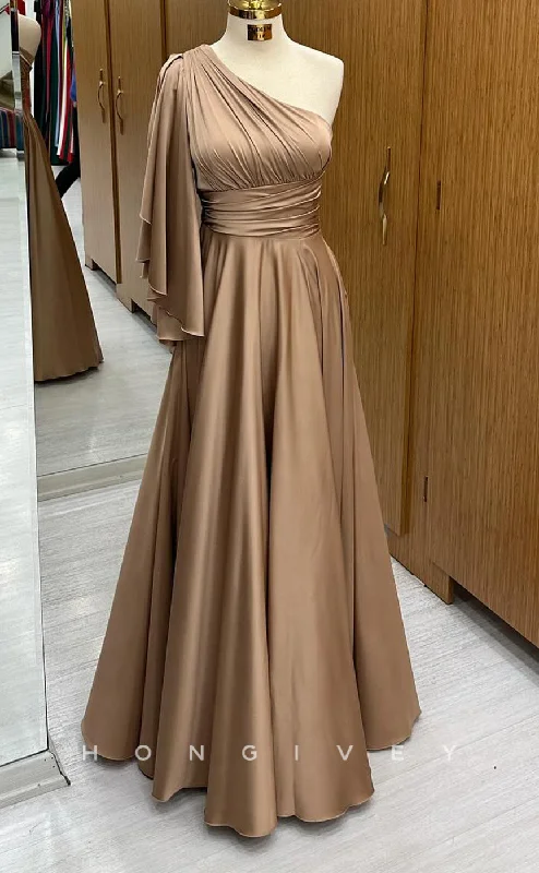 Evening dress with floral design -L2517 - Sexy A-Line One Shoulder Empire Ruched Satin Floor-Length Party Prom Evening Dress