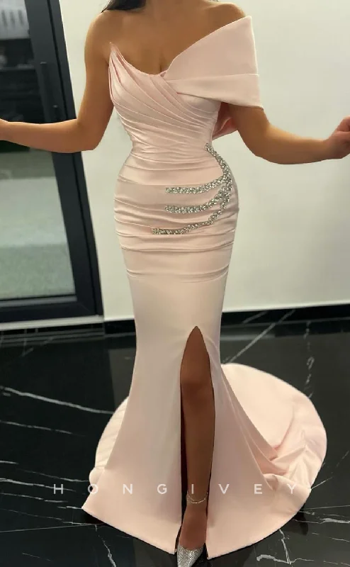 Evening dress with crystals -L2518 - Sexy Satin Trumpet One Shoulder Empire Beaded Pleats With Side Slit Party Prom Evening Dress