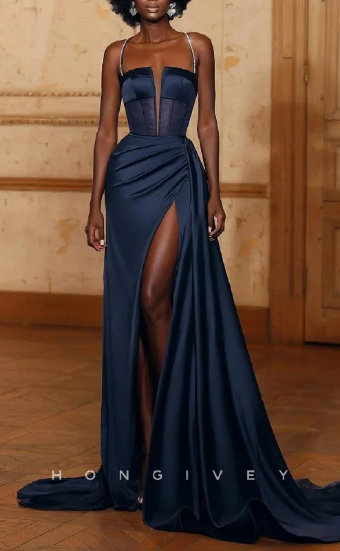 Evening dress with peplum -L2524 - Chic Satin A-Line Square Spaghetti Straps Illusion Empire Ruched Beaded With Side Slit Party Prom Evening Dress