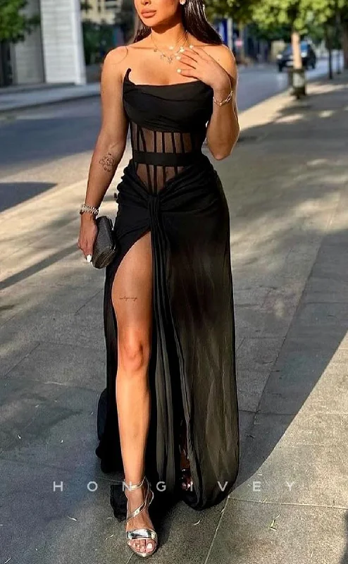 A-line evening dress -L2539 - Black Satin A-Line Bateau Strapless Illusion Empire Ruched With Side Slit Party Prom Evening Dress