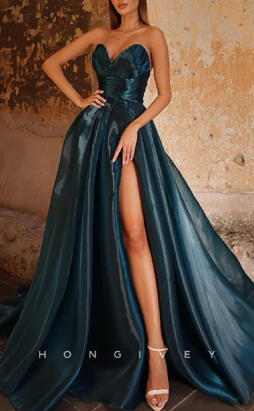 Evening dress with sleeves -L2550 - Sexy Satin A-Line Sweetheart Sleeveless Empire Ruched With Side Slit Train Party Prom Evening Dress