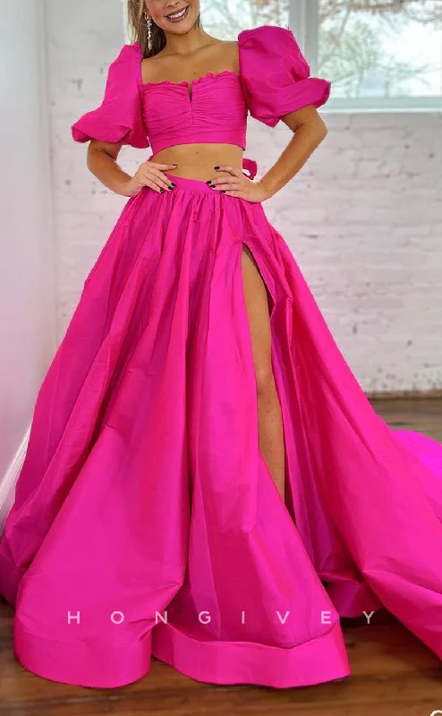 Evening dress for gala -L2556 - Sexy Satin A-Line Square Puff Sleeves Empire With Side Slit Train Party Prom Evening Dress