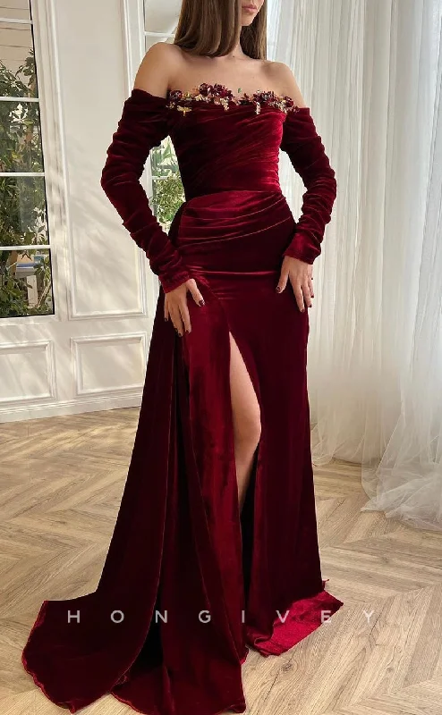 Long evening dress -L2568 - Off-Shoulder Long Sleeve Satin Trumpet Empire Ruched Floral Embellished With Side Slit Party Prom Evening Dress